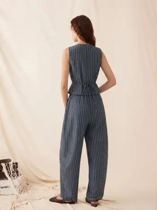 Linen-blend V-neck Striped Sleeveless Top & Mid Rise Tapered Trousers Set
