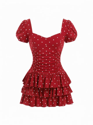 Cotton-blend Sweetheart Puff Sleeve Ruched Tiered Mini Dress