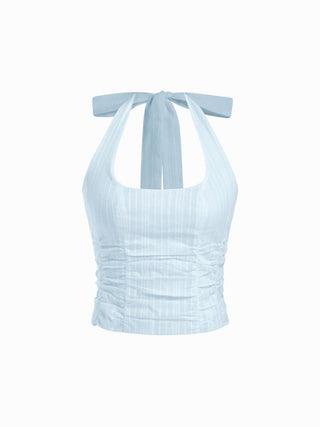 Cotton Jacquard Halter Neckline Ruched Shirred Blouse