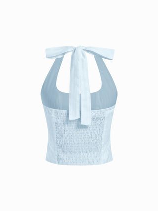 Cotton Jacquard Halter Neckline Ruched Shirred Blouse