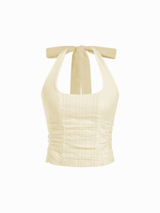 Cotton Jacquard Halter Neckline Ruched Shirred Blouse
