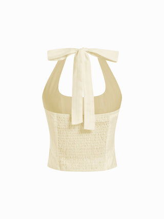 Cotton Jacquard Halter Neckline Ruched Shirred Blouse