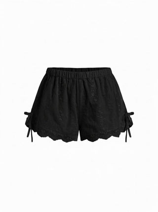 Cotton Low Rise Embroidery Tie Side Split Pointed Hem Oversized Shorts