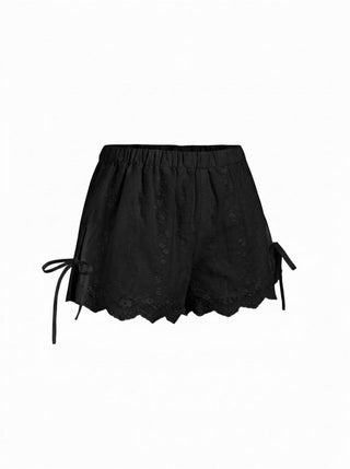 Cotton Low Rise Embroidery Tie Side Split Pointed Hem Oversized Shorts