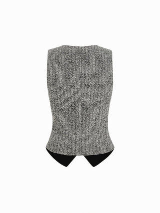 Cotton-blend Textured V-neck Blazer Vest With Metal Button Detail