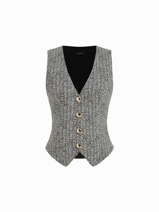Cotton-blend Textured V-neck Blazer Vest With Metal Button Detail