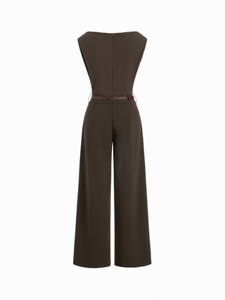 Boat Neck Mid Rise Straight Leg Jumpsuit With Belt
