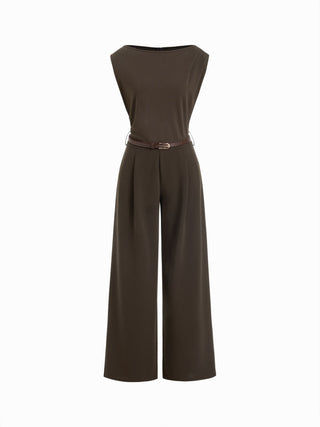 Boat Neck Mid Rise Straight Leg Jumpsuit With Belt
