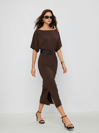 High Stretch Boat Neck Batwing Sleeve Straight Maxi Dress With Belt
