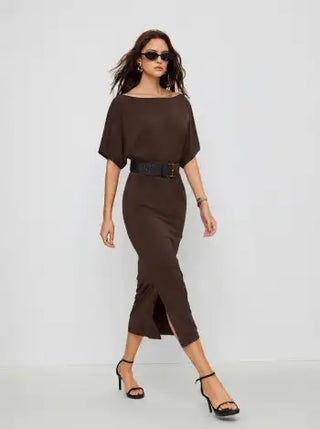 High Stretch Boat Neck Batwing Sleeve Straight Maxi Dress With Belt