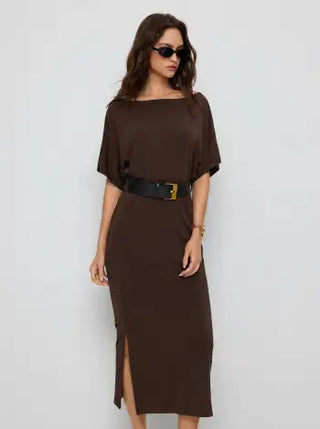 High Stretch Boat Neck Batwing Sleeve Straight Maxi Dress With Belt