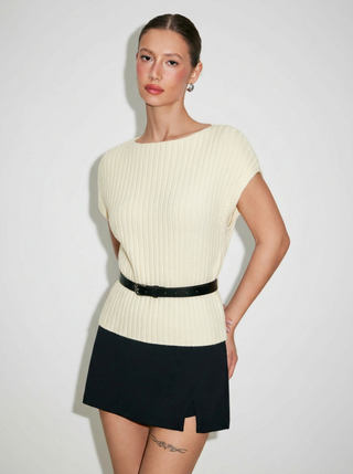 Knit Boat Neck Top With Belt