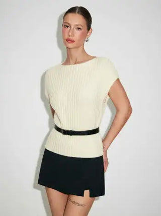 Knit Boat Neck Top With Belt