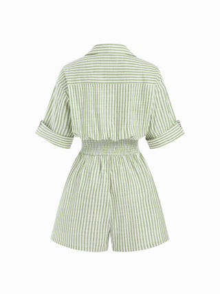 Cotton-Blend Striped Collar Shirred Waist Romper