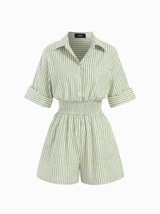 Cotton-Blend Striped Collar Shirred Waist Romper