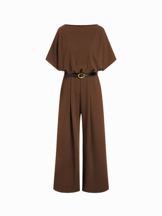 Boat Neck Batwing Sleeve High Rise Wide Leg Jumpsuit With Belt
