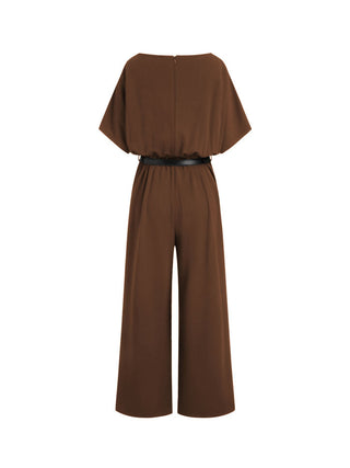 Boat Neck Batwing Sleeve High Rise Wide Leg Jumpsuit With Belt