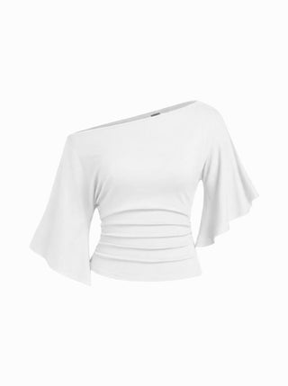 Boat Neck Mid-length Bell Sleeve Ruched Tee