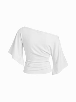 Boat Neck Mid-length Bell Sleeve Ruched Tee