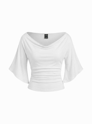 Boat Neck Mid-length Bell Sleeve Ruched Tee