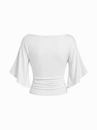 Boat Neck Mid-length Bell Sleeve Ruched Tee
