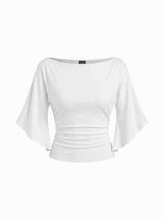 Boat Neck Mid-length Bell Sleeve Ruched Tee