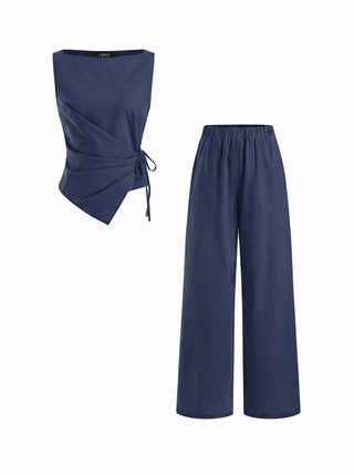 Linen-blend Boat Neck Knotted Top & Mid Rise Capri Straight Leg Trousers Set
