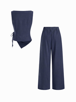 Linen-blend Boat Neck Knotted Top & Mid Rise Capri Straight Leg Trousers Set