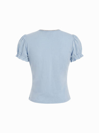 Cotton-blend Contrast Stitch Ruched Puff Sleeve Tee