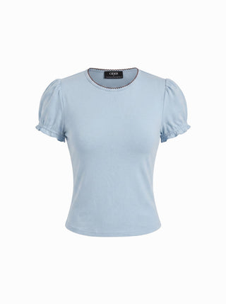 Cotton-blend Contrast Stitch Ruched Puff Sleeve Tee