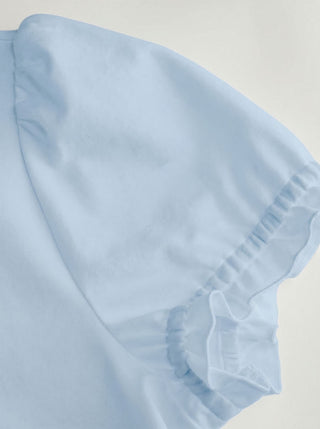 Cotton-blend Contrast Stitch Ruched Puff Sleeve Tee