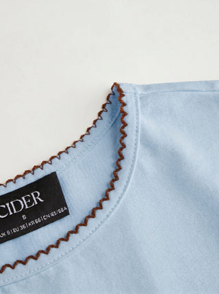 Cotton-blend Contrast Stitch Ruched Puff Sleeve Tee