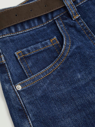 Stretch Denim Mid Rise Washed Roll Hem Shorts With Belt