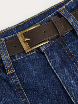 Stretch Denim Mid Rise Washed Roll Hem Shorts With Belt