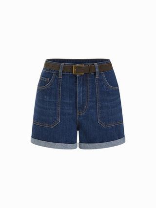 Stretch Denim Mid Rise Washed Roll Hem Shorts With Belt