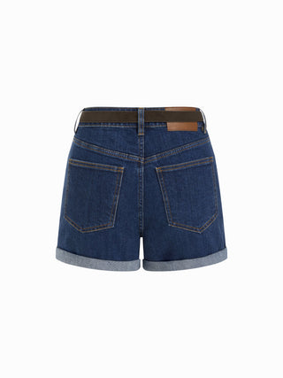 Stretch Denim Mid Rise Washed Roll Hem Shorts With Belt