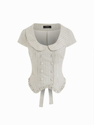 Cotton Striped Scoop Neck Ruffle Hem Bowknot Short Sleeve Blouse