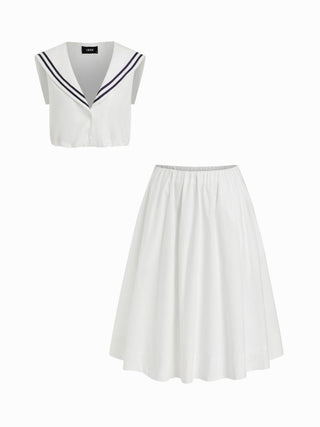 Cotton-blend V-neck Top & Mid Rise Ruched Flared Maxi Skirt Set
