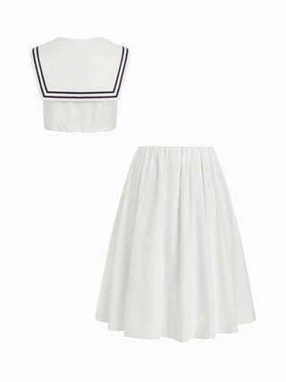 Cotton-blend V-neck Top & Mid Rise Ruched Flared Maxi Skirt Set