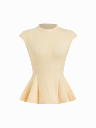 Knit Stand Collar Peplum Hem Short Sleeve Top