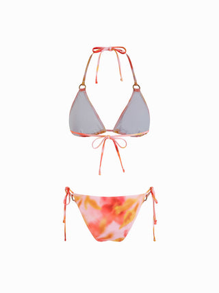 Halter Tie Dye Tie Side Bikini Three Piece Swimsuit with Ring Detail