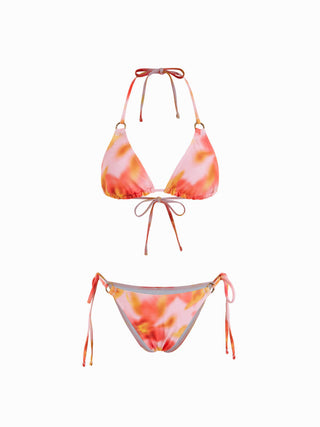 Halter Tie Dye Tie Side Bikini Three Piece Swimsuit with Ring Detail