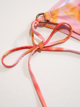 Halter Tie Dye Tie Side Bikini Three Piece Swimsuit with Ring Detail