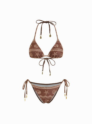 Halter Starfish Print Tie Side Bikini Set with Shell Charms