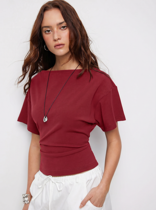 Cotton-blend Boat Neck Short Sleeve Tee