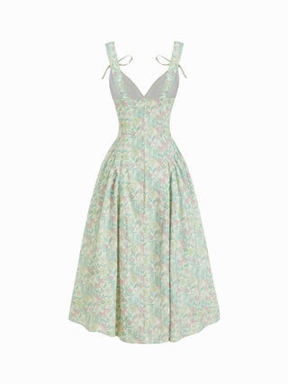 Floral V-neck Bowknot Lace Trim Milkmaid Maxi Dress