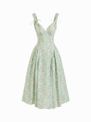 Floral V-neck Bowknot Lace Trim Milkmaid Maxi Dress
