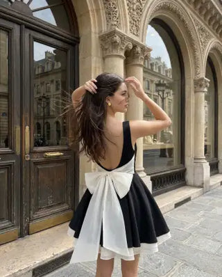 Knit Fabric Colorblock Boat Neck High Rise Bowknot Flared Mini Dress For Daily Casual Date