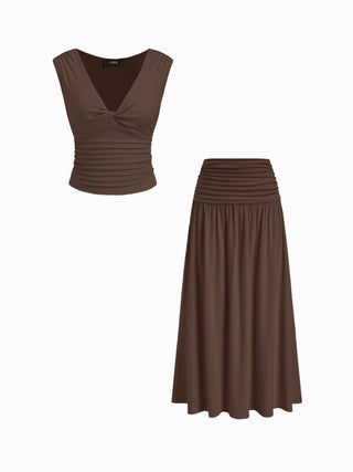 V-neck Twist Ruched Top & Mid Rise Ruched Flared Maxi Skirt Set