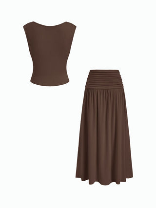 V-neck Twist Ruched Top & Mid Rise Ruched Flared Maxi Skirt Set